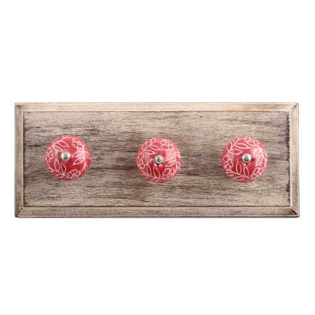 Dark Pink Leaf Floral Ceramic Wooden Hooks